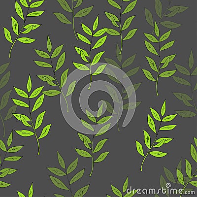 Green branches with leaves on dark gray background. Vector Illustration